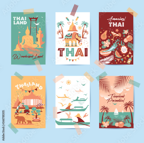 Collection of Thailand symbols in six cards. Vector poster. Postcard in trend color. Travel illustration. Web banner of travel in differente composition.