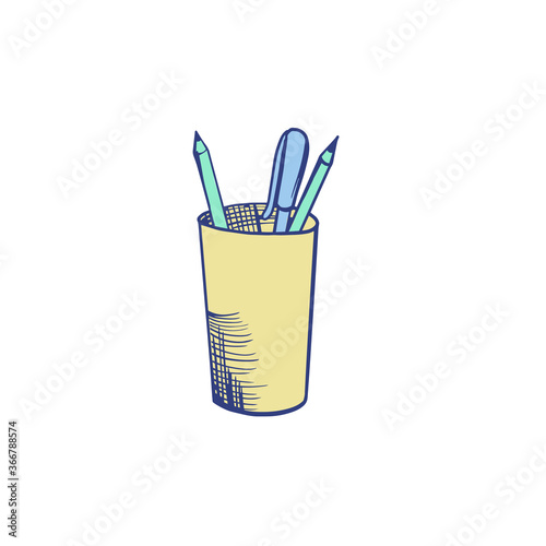 Color illustration of a Cup with pencils. Stock Vector illustration on a white isolated background. For a logo, for icons in social networks.
