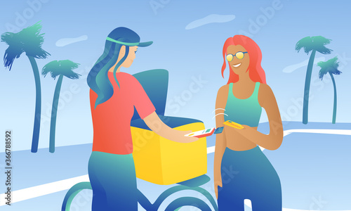 A young girl in sunglasses on the playground pays for delivery by credit card. Woman courier on bike accepts payment by phone with card reader. photo