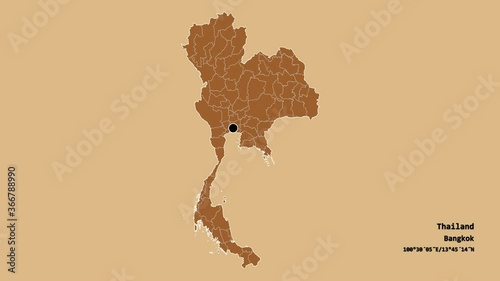 Kalasin, province of Thailand, with its capital, localized, outlined and zoomed with informative overlays on a solid patterned map in the Stereographic projection. Animation 3D photo