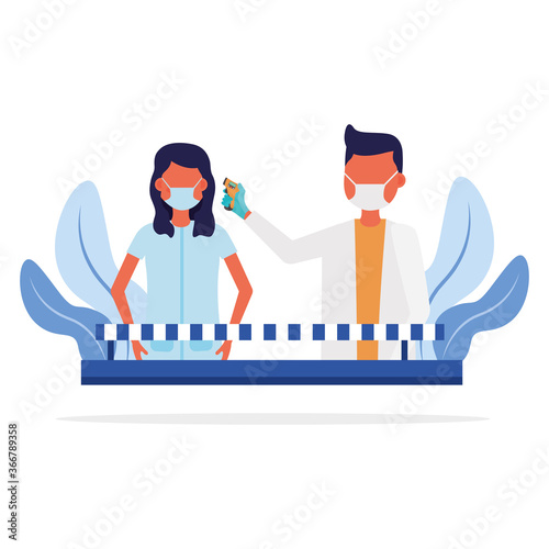 male doctor holding thermometer gun checking woman temperature vector design