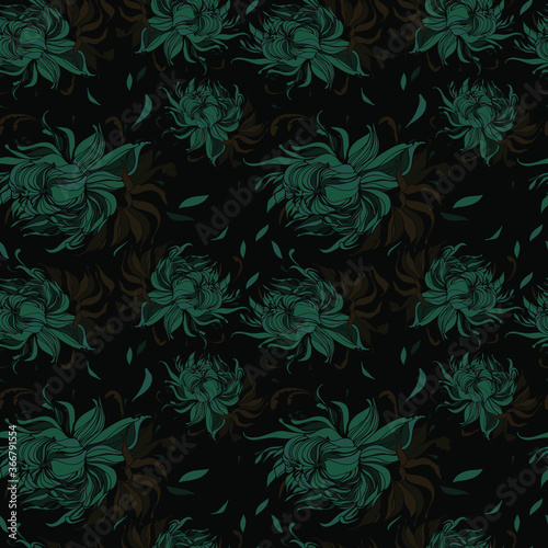 beautiful big flower buds. seamless vector pattern on a dark background with large flowers, beautiful wallpaper on a dark background