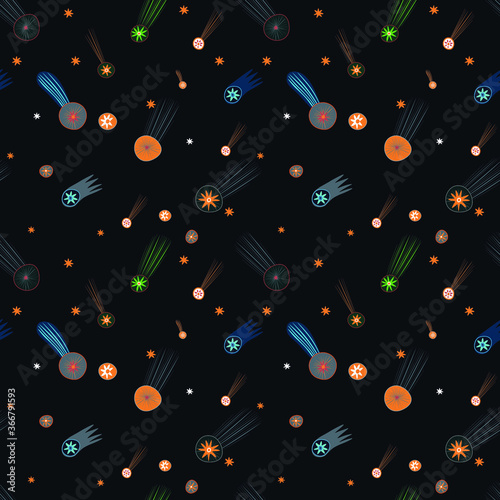 cartoon bright comets in the night sky. seamless vector pattern for fabrics, baby wallpapers and prints