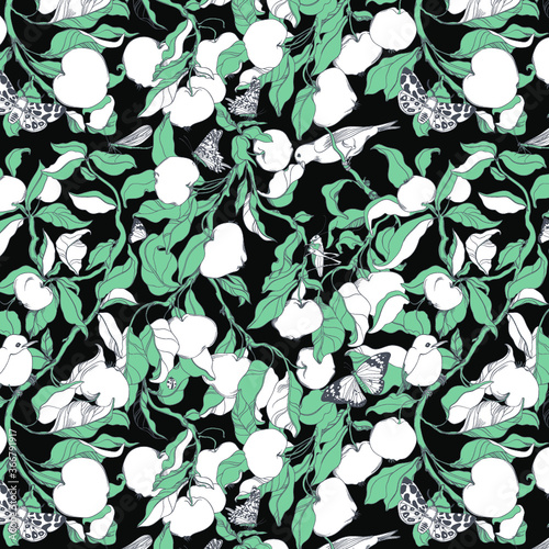 seamless vector pattern with a natural motive  the dense foliage of a tree on which many apples grow  butterflies  grasshoppers  birds in the branches and insects fly