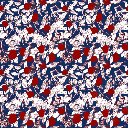birds in the branches of a tree. seamless vector pattern with birds, insects, butterflies. in the dense foliage of the apple tree. beautiful graceful illustrations with bright apple fruits