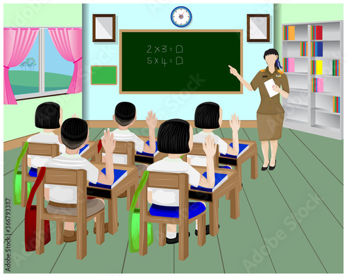 one teacher and students in class room vector design