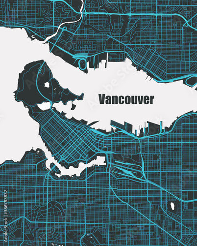 Stylish vector high-tech map of Vancouver, BC. with blue streets