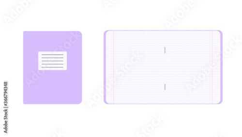 Squared copybook flat vector illustration. School notebook. Educational writing supplies. Cover and spread. Use for articles, advertising, banner, poster, mockup, design element.