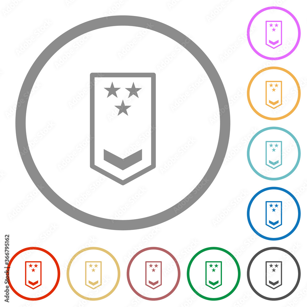 Military insignia with one chevron and three stars flat icons with outlines Military insignia with one chevron and three stars flat icons with outlines