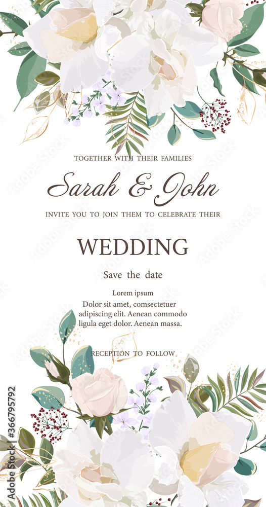 Wedding invitation with flowers, watercolor, isolated on white. Vector Watercolor.