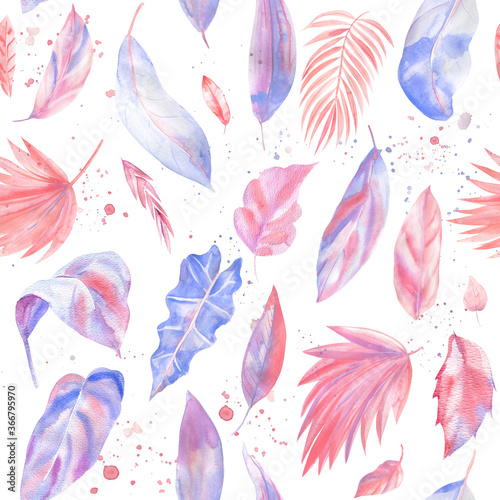 Seamless patterns from Palm Leaves. Watercolor painting. Pink and purple tropical leaves