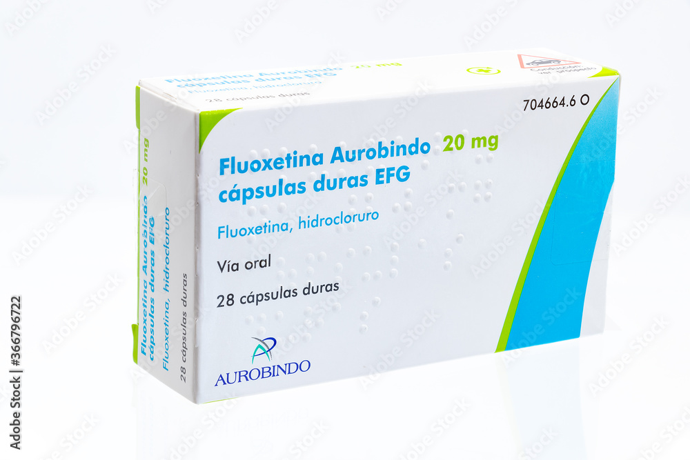Huelva, Spain - July 23, 2020: Spanish Box of Fluoxetine Aurobindo 20mg.  Fluoxetine is a type of antidepressant known as an SSRI (selective  serotonin reuptake inhibitor). Stock Photo | Adobe Stock