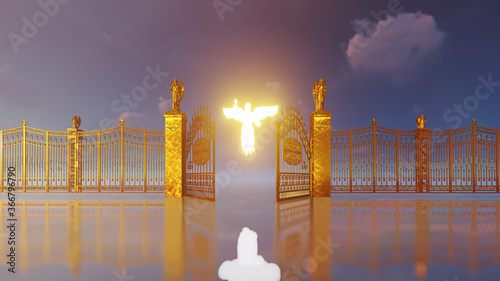 Golden gates of heaven opening to reaveal glowing angel and flying white doves photo