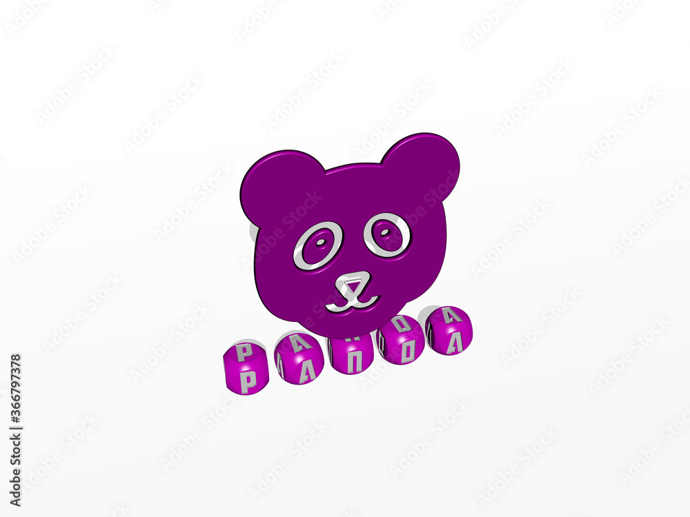 Fototapeta premium 3D representation of PANDA with icon on the wall and text arranged by metallic cubic letters on a mirror floor for concept meaning and slideshow presentation. illustration and bear