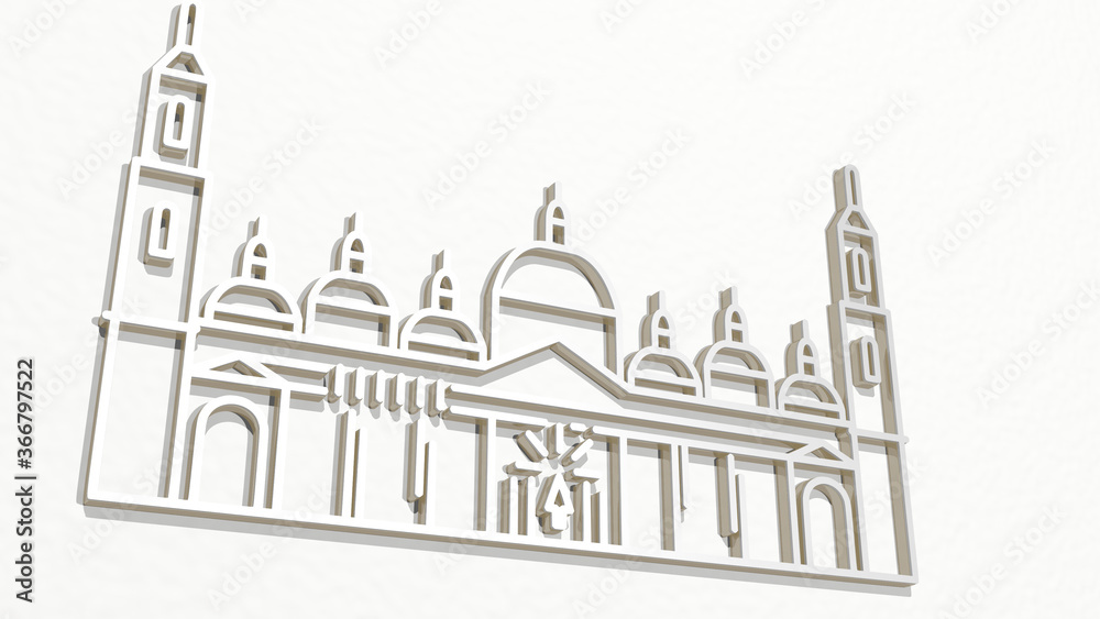 mosque Islamic architecture made by 3D illustration of a shiny metallic sculpture on a wall with light background. building and arabic