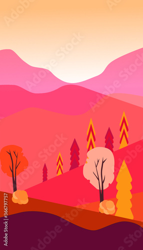 Autumn landscape with trees and leaves in orange shades  vector graphics