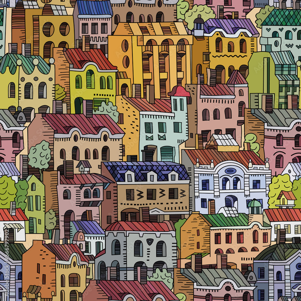 Vector hand drawn houses seamless pattern. Vector hand drawn houses seamless pattern.