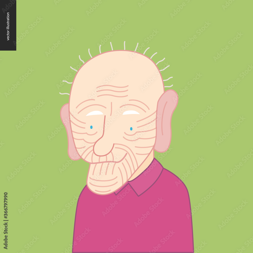 Bright characters portraits - hand drawn flat style vector design concept illustration of a smiling bald elderly man wearing purple, face and shoulders avatar. Flat style vector icon Bright characters portraits - hand drawn flat style vector design concept illustration of a smiling bald elderly man wearing purple, face and shoulders avatar. Flat style vector icon