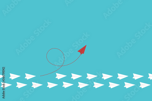 Think different. Think differently concept. Red airplane changing direction. New idea, change, trend, courage, creative solution, innovation and unique way concept.	
