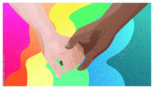 Gay couple hold hands in colorful background. Peace love pride. Black and white equality