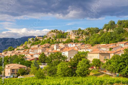 Aiguines village next to Verdon Gorge (Gorges du Verdon) in the Provence-Alpes-Côte d'Azur region in southeastern France.