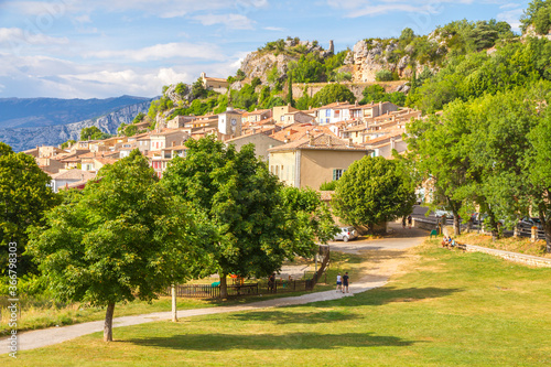 Aiguines village next to Verdon Gorge (Gorges du Verdon) in the Provence-Alpes-Côte d'Azur region in southeastern France.