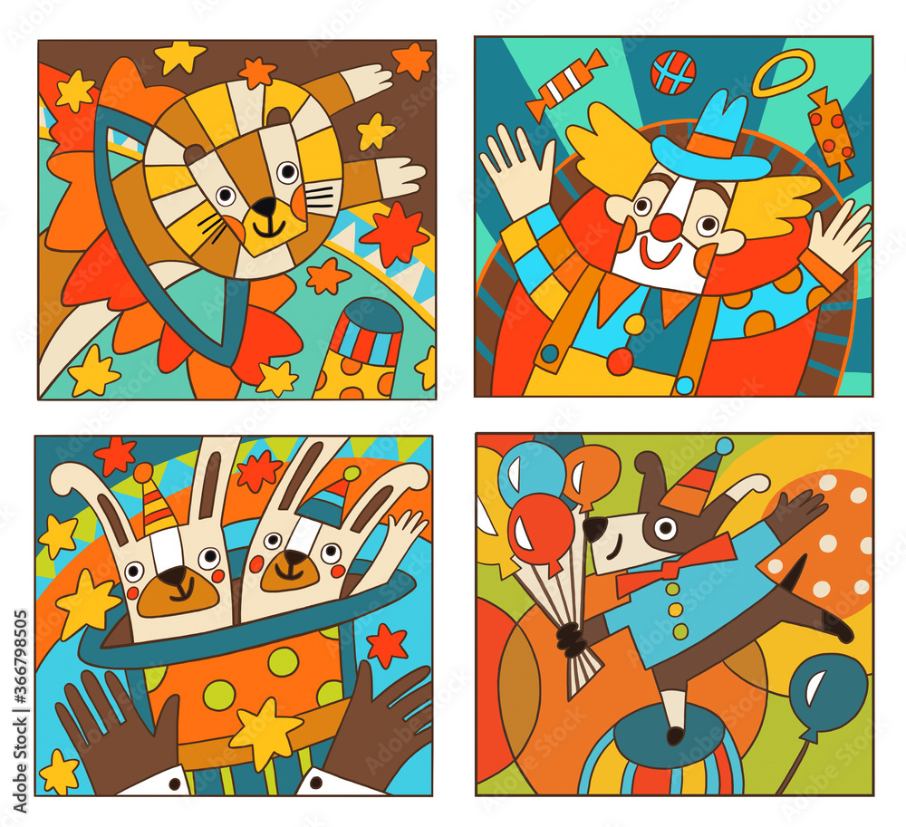 Fototapeta premium Four decorative illustrations about the circus: a juggler clown, a lion jumping through a Hoop, a trained bear, a trick with rabbits in a hat
