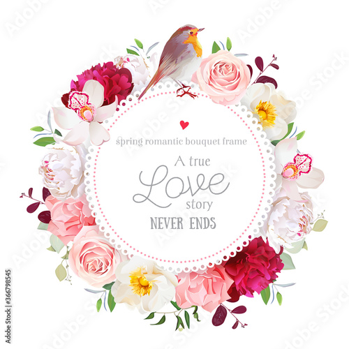 Elegant floral vector round card with white and burgundy red peony, rose, orchid, carnation flowers, mixed leaves and plants and cute small robin bird