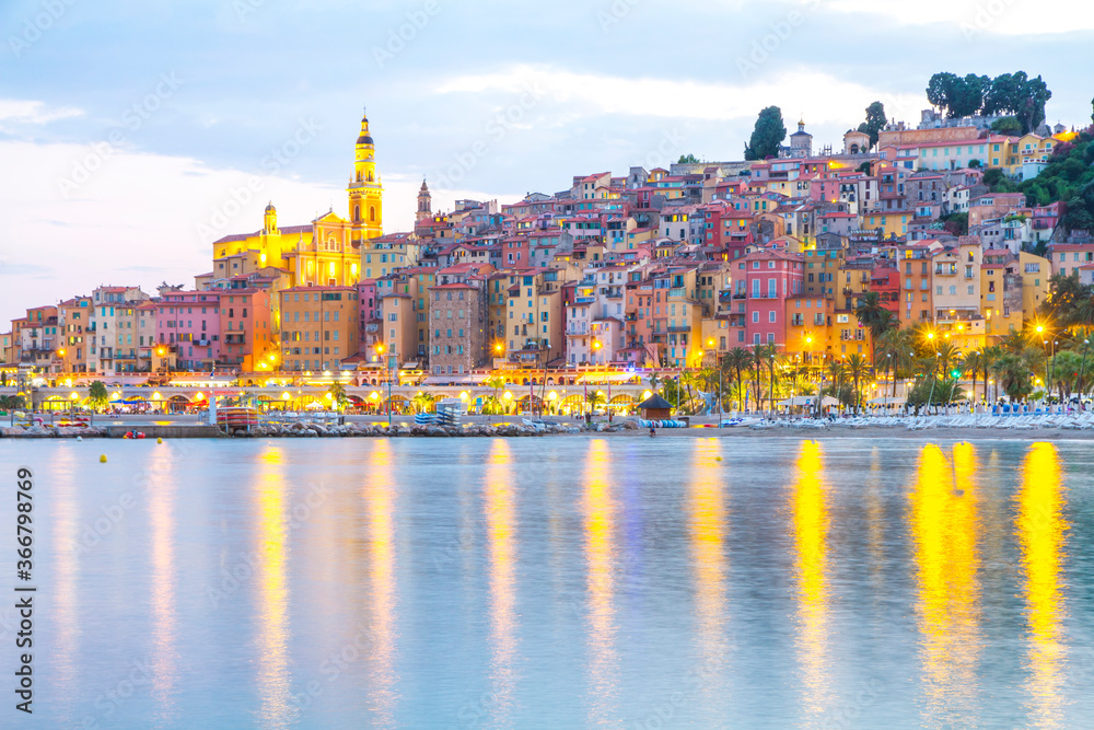 Fototapeta premium Menton mediaeval town on the French Riviera in the Mediterranean during sunset, France. 
