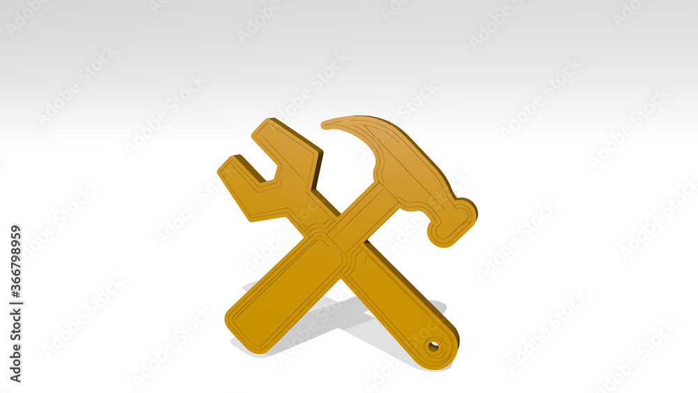 METAL TOOLS from a perspective on the wall. A thick sculpture made of metallic materials of 3D rendering. background and illustration METAL TOOLS from a perspective on the wall. A thick sculpture made of metallic materials of 3D rendering. background and illustration