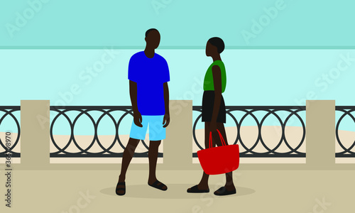 Black male character and black female character on the promenade