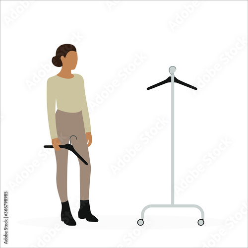 Female character with a hanger in hand and a floor hanger for clothes on a white background