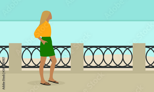 Female character in summer clothes on the promenade