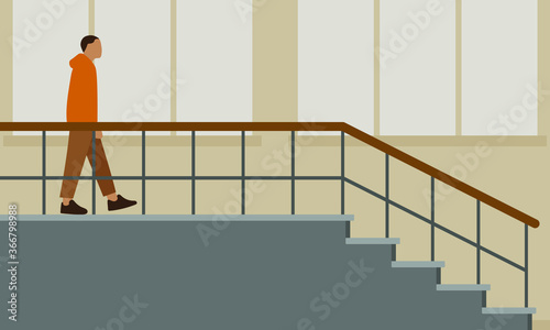 Male character goes the stairwell against the background of a wall with a window