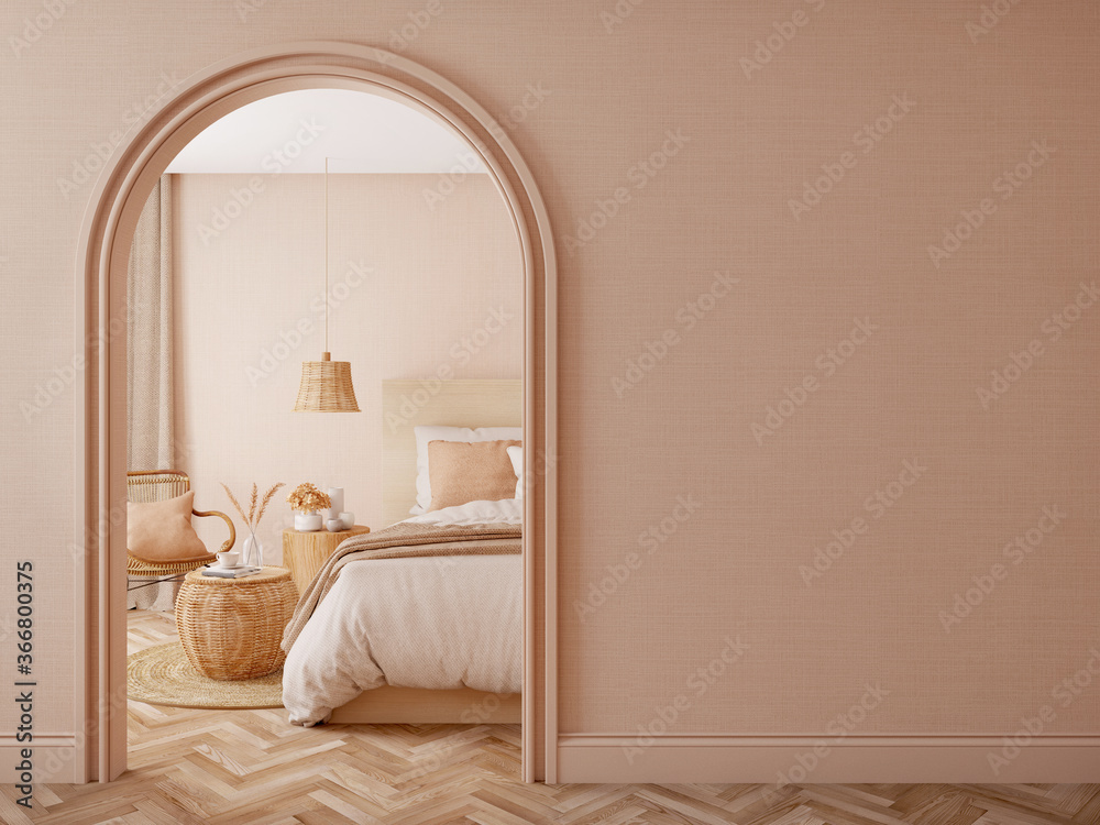 Bedroom interior.Beige tones design with arch wall.3d rendering - obrazy, fototapety, plakaty 