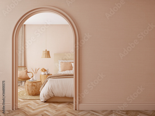 Bedroom interior.Beige tones design with arch wall.3d rendering