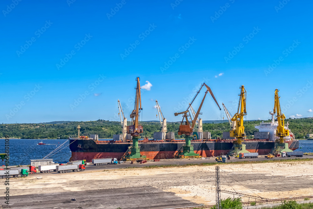Fototapeta premium Trucks with grain waiting for unloading near the ship. Work in port