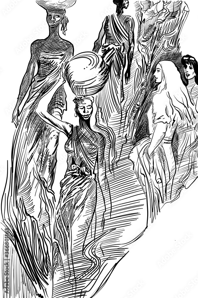 Obraz premium liner drawing of African women carrying a load fixed on the head and European female wandering 