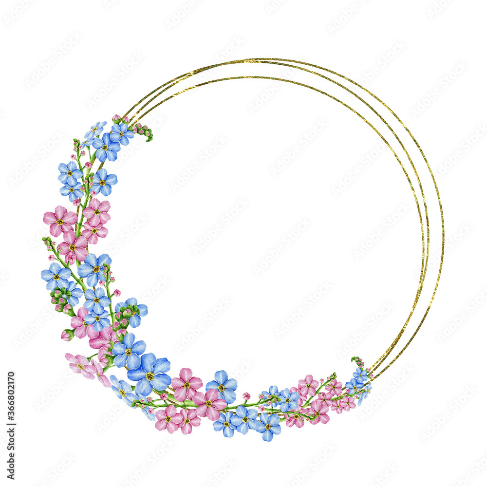 Forget-me-not wreath from blue and pink flowers watercolor illustration. Hand drawn myosotis meadow herb botanical wreath. Tender spring romantic blooming flowers with buds  on white background