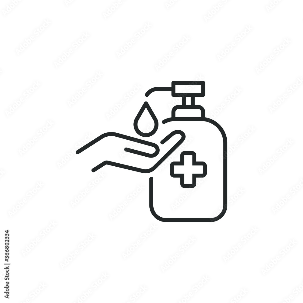 Washing hand with sanitizer liquid soap line icon isolated on white background. Vector illustration Washing hand with sanitizer liquid soap line icon isolated on white background. Vector illustration