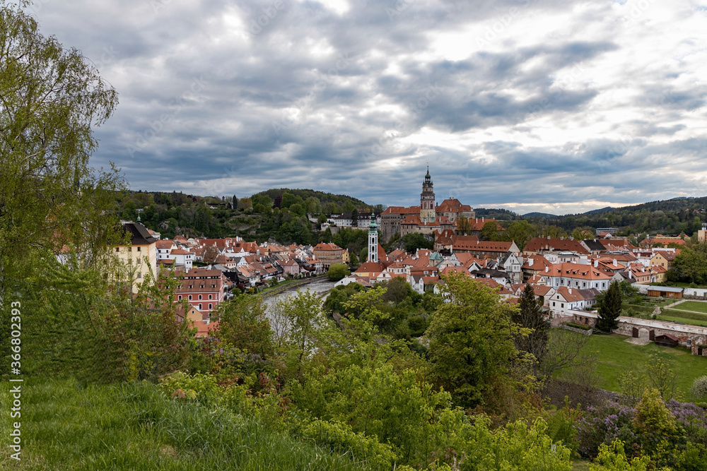 beautiful view of church and castle in Cesky Krumlov, Czech Republic