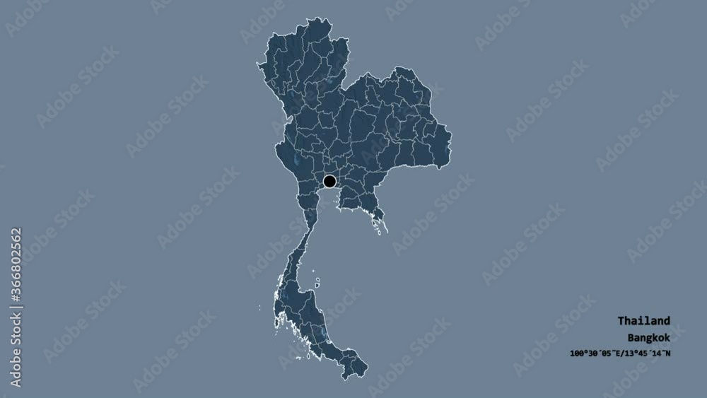 Sakon Nakhon, province of Thailand, with its capital, localized, outlined and zoomed with informative overlays on a administrative map in the Stereographic projection. Animation 3D Sakon Nakhon, province of Thailand, with its capital, localized, outlined and zoomed with informative overlays on a administrative map in the Stereographic projection. Animation 3D