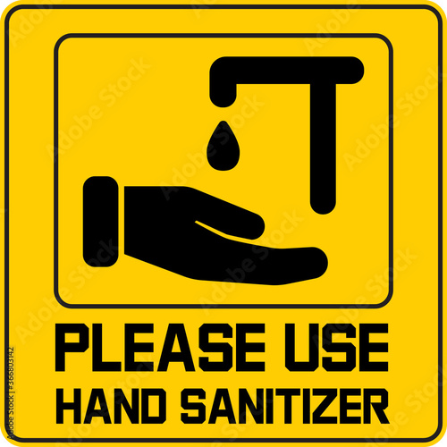 Use hand sanitizer info-graphic vector. Covid-19 prevention tips on yellow board. Wash hands illustration. Liquid soap are shown. Disinfection icon sign vector. Antiseptic hygiene