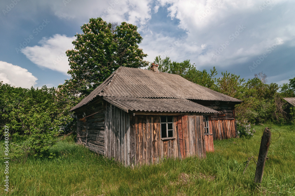 Country village houses in Pripyat, Chernobyl exclusion Zone. Chernobyl Nuclear Power Plant Zone of Alienation in Ukraine