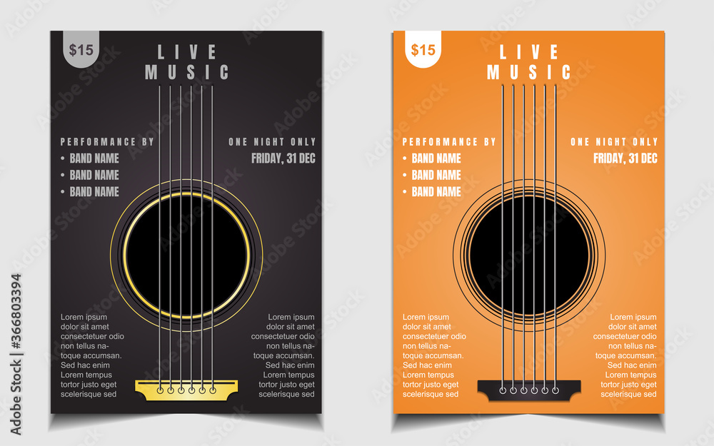 Vettoriale Stock Live music cover poster background design template with a  guitar acoustic shapes illustration. Vector banner layout for promo club  invitation concert event, festival flyer, jazz blues musician band, | Adobe