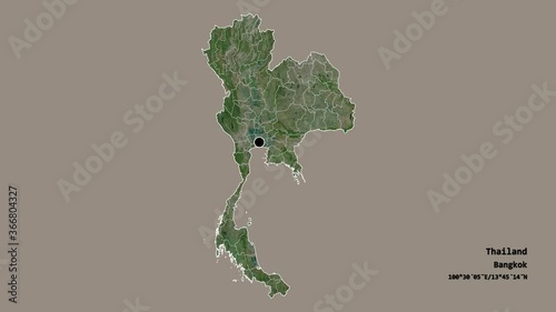 Satun, province of Thailand, with its capital, localized, outlined and zoomed with informative overlays on a satellite map in the Stereographic projection. Animation 3D photo