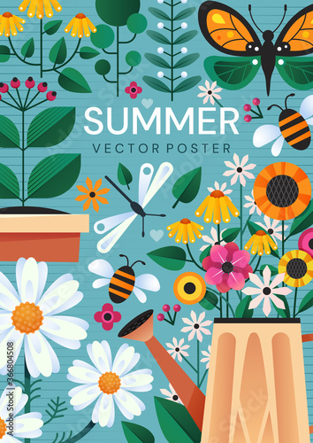 Summer poster design with colorful garden flowers, a watering can and insects over a blue background, colored vector illustration