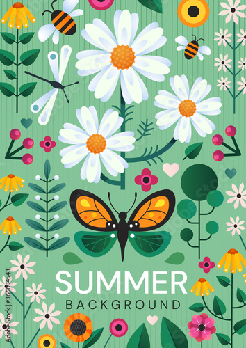 Summer poster design with colorful wild meadow flowers, and flying insects over a green background, colored vector illustration