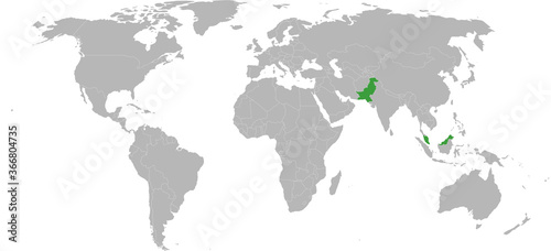 Fototapeta Naklejka Na Ścianę i Meble -  Pakistan, Malaysia countries isolated on world map. Light gray background. Economic and trade relations.