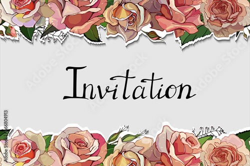 Card with seamless floral garland and lettering Invitation, can be used as a flyer, Greeting cards, posters, for wedding, birthday, other holiday or summer background. Paper cut design. 